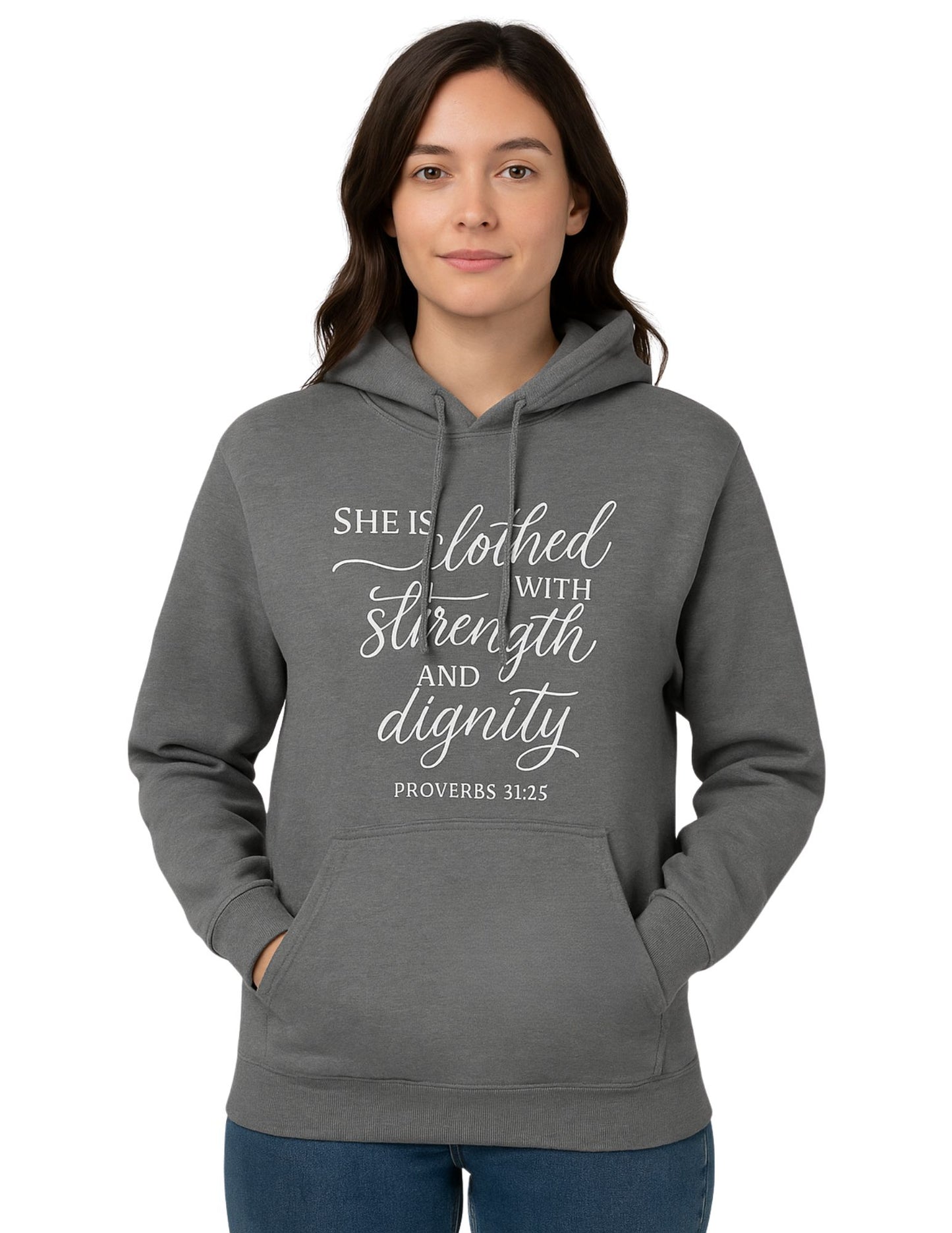 Clothed with Strength and Dignity Women’s Hoodie – Proverbs 31:25 | Faith & Confidence in Style
