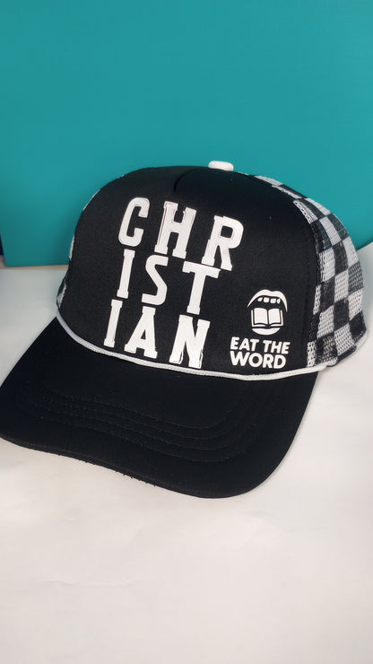 Black unisex "CHRISTIAN" Trucker Hat – Faith-Driven Style with Everyday Comfort