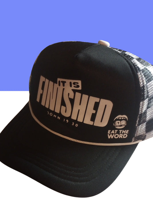 “It Is Finished” Black Checkered Trucker Hat – Unisex